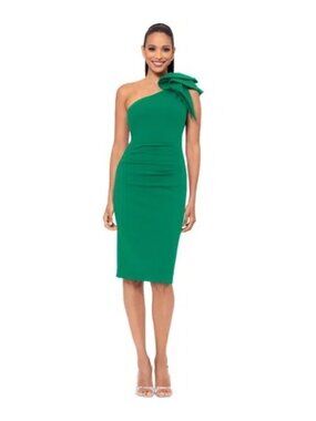 Betsy & Adam Green One-Shoulder Ruffled Midi Dress Size 8 With Draped Detail Mad